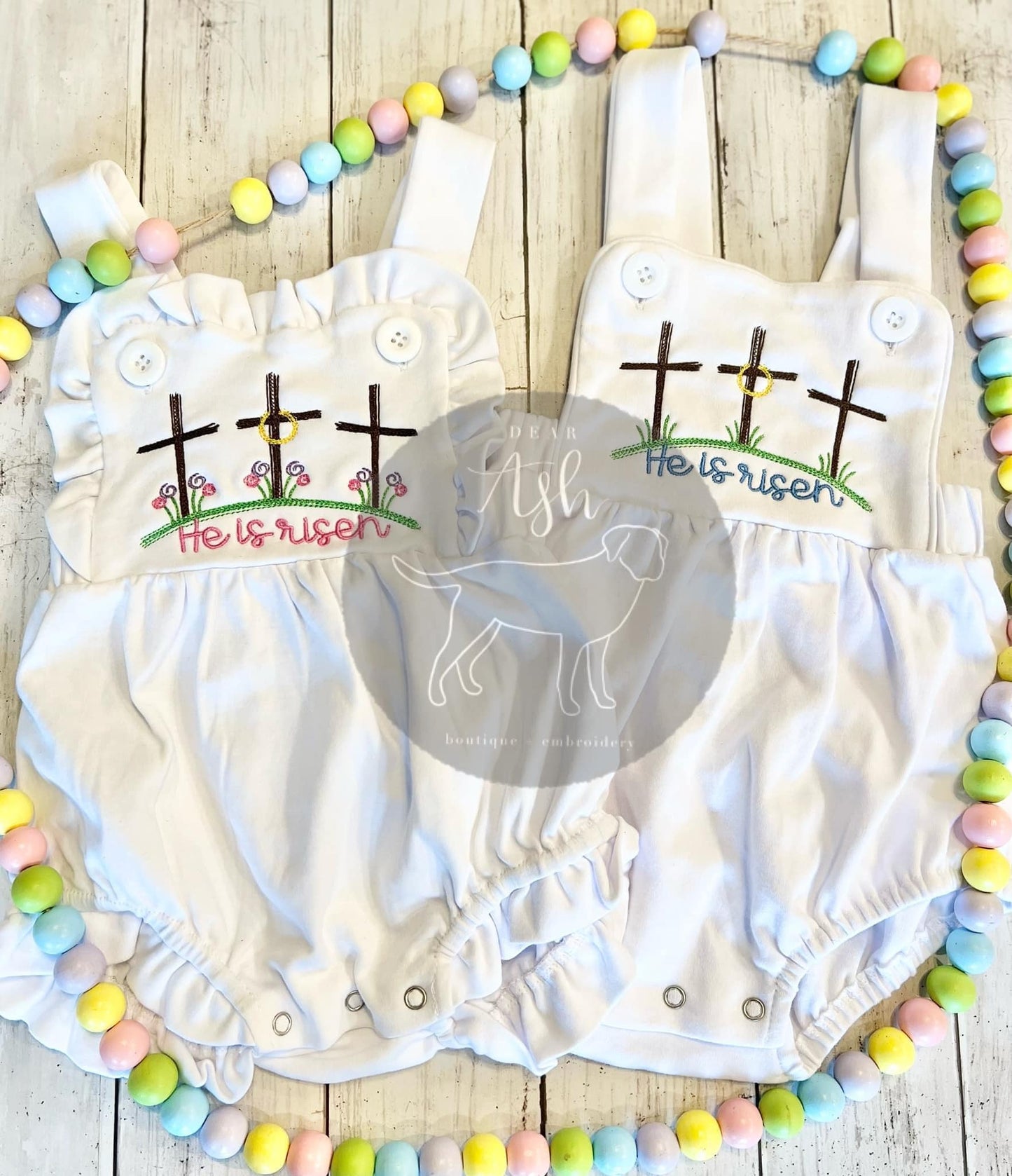 He is Risen-unisex & ruffle sunsuits