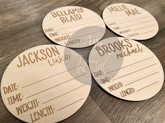 6" Wood Birth Announcement Round- WITH stats
