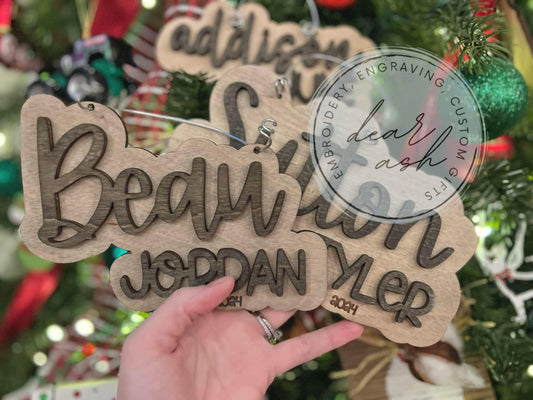 Stained name ornaments w/ wire hangers