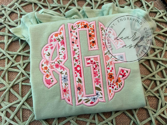 Floral Scalloped Monogram-Sage Ruffle Tshirt
