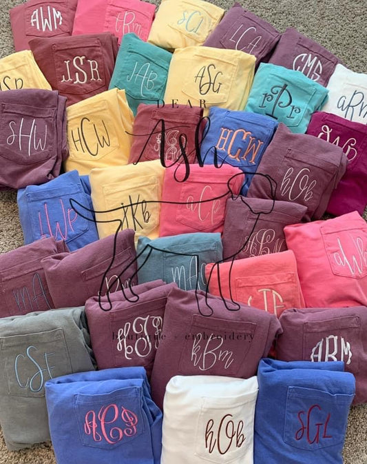Long sleeve comfort colors pocket tees-embroidered