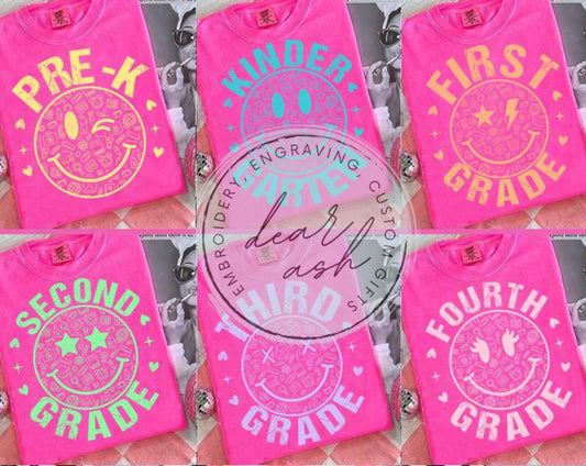 Neon Pink Grade Level Smiley Tees-Comfort colors-Adults & youth