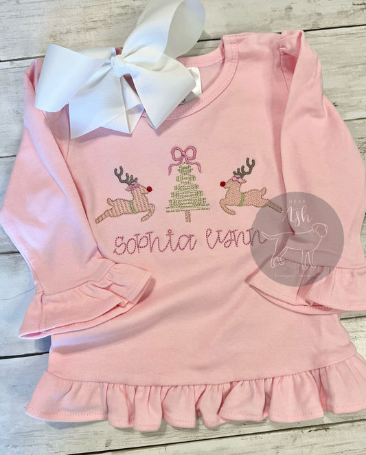 Reindeer sketch-pink ruffle tees