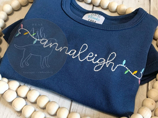 Navy ruffle shirt Christmas lights names