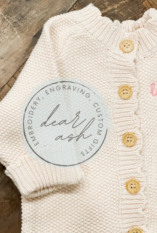 Scallop Knit Button Rompers-Embroidered