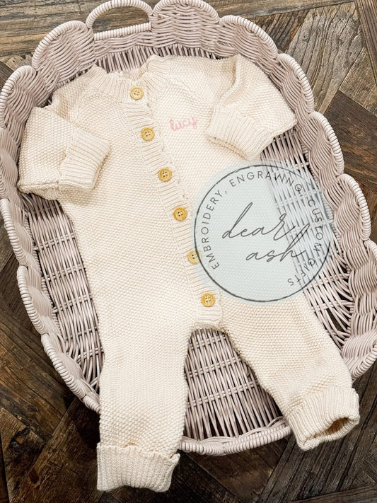 Scallop Knit Button Rompers-Embroidered
