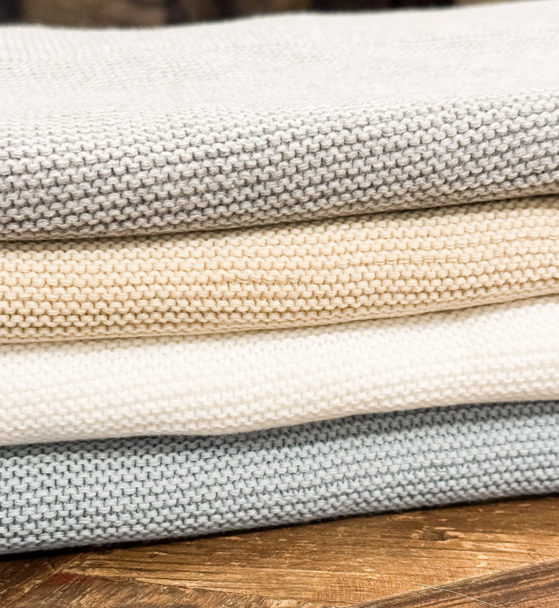 Knit Cotton Straight Edge Blanket Embroidered