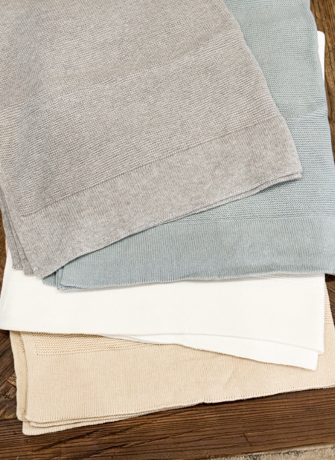 Knit Cotton Straight Edge Blanket Embroidered