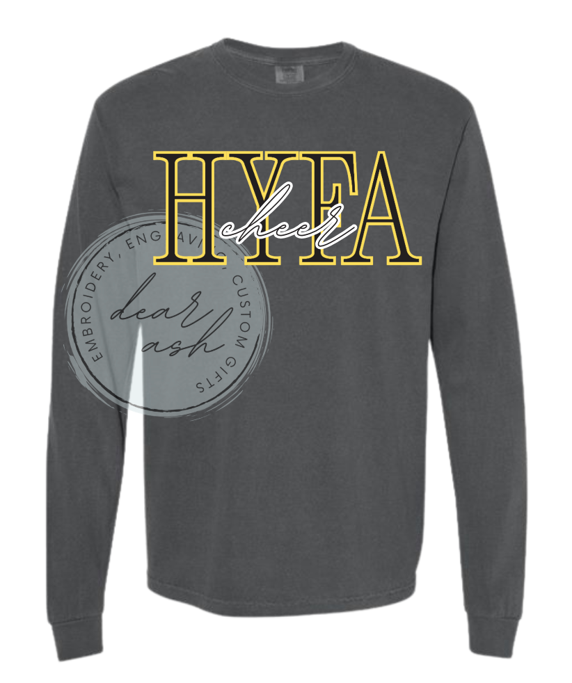 HYFA cheer black/yellow long sleeve tshirt comfort colors ADULT